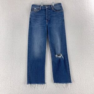 Re/Done Blue Denim 70s Stovepipe Jeans Womens Straight Leg‎ Frayed Hem Size 28